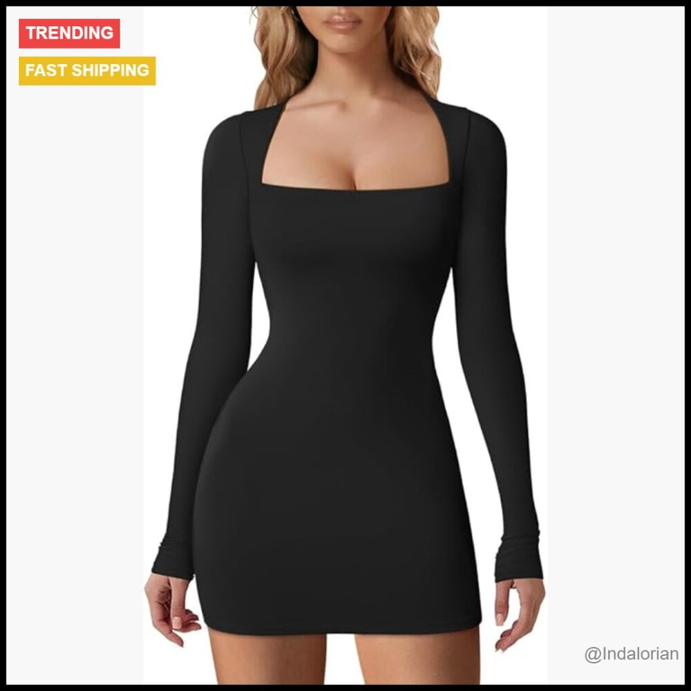 Long Sleeve Square Neck Bodycon Mini Dress Nylon Spandex